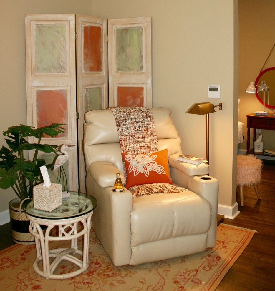 Example of a small transitional formal and enclosed vinyl floor and brown floor living room design in Other with brown walls and a tv stand