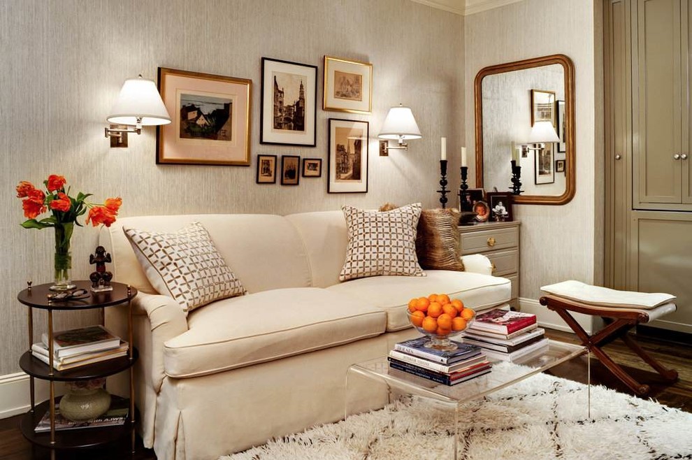 Inspiration for a small classic enclosed living room in New York with beige walls, dark hardwood flooring, no fireplace, a home bar and a wall mounted tv.