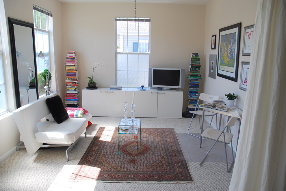 Cette photo montre un petit salon moderne avec moquette et un téléviseur indépendant.
