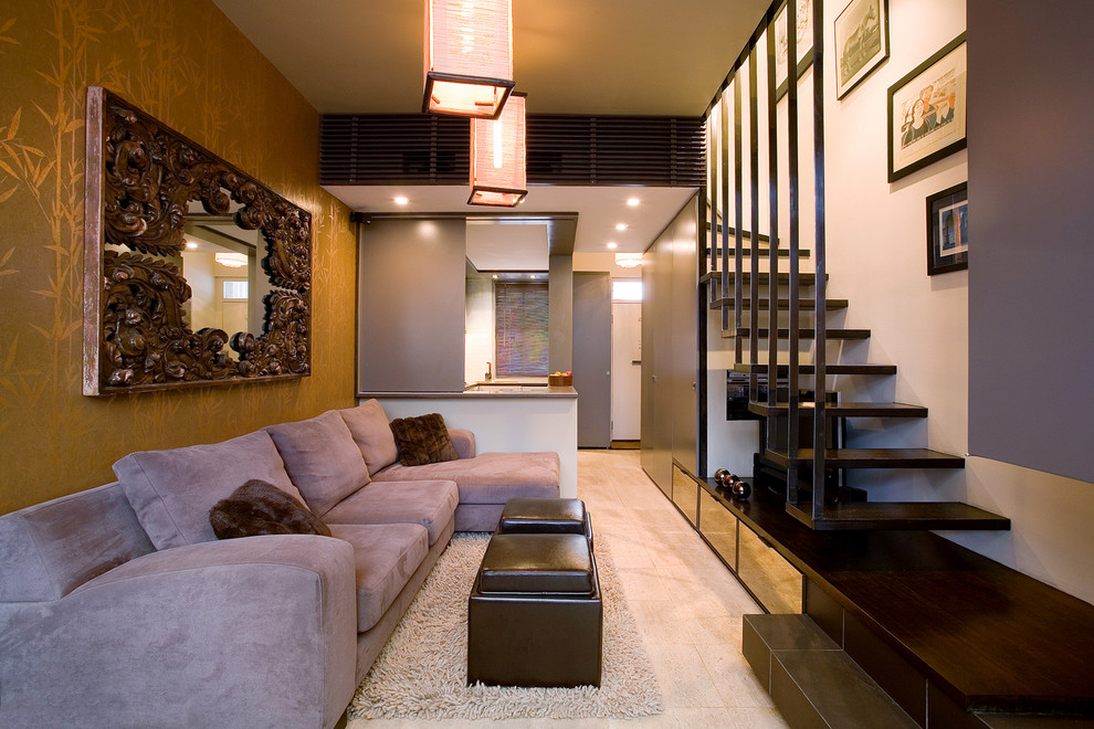 Idéer för ett litet modernt separat vardagsrum, med travertin golv