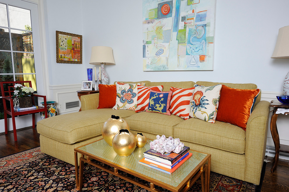 Bohemian living room in Philadelphia with white walls.
