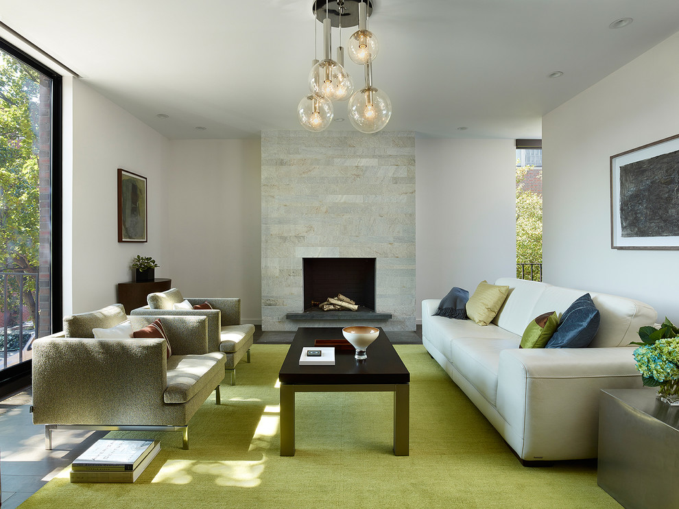 Inspiration for a contemporary enclosed dark wood floor living room remodel in Philadelphia with white walls, a standard fireplace and a stone fireplace
