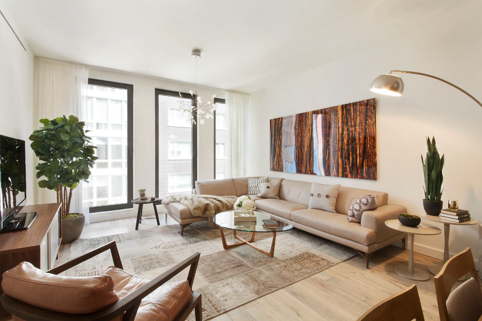 Mittelgroßes, Repräsentatives, Abgetrenntes Modernes Wohnzimmer mit weißer Wandfarbe, hellem Holzboden und freistehendem TV in New York