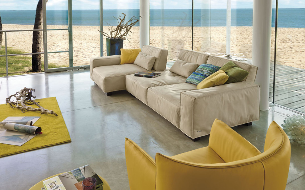 Esempio di un soggiorno minimalista di medie dimensioni e aperto con pavimento in cemento e pavimento grigio