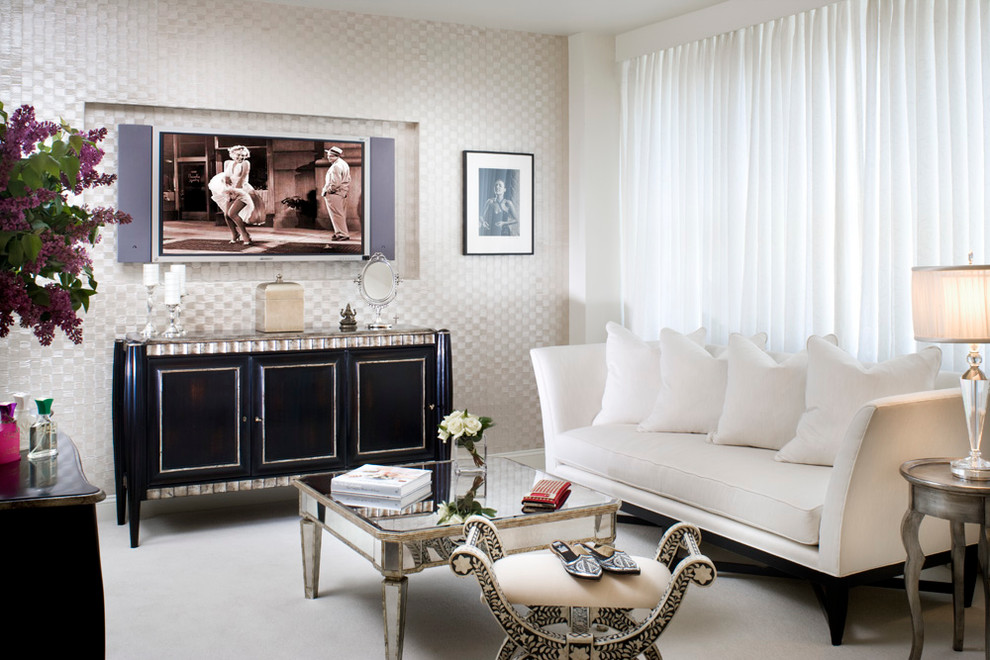 Example of a mid-sized classic formal and enclosed carpeted and beige floor living room design in New York with gray walls, no fireplace and a wall-mounted tv