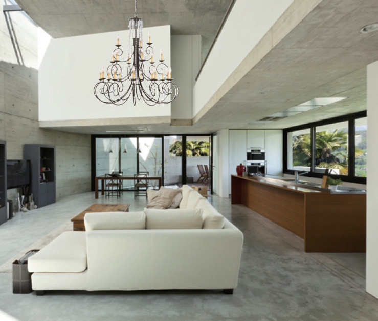 Esempio di un ampio soggiorno minimal aperto con sala formale, pareti bianche, pavimento in cemento e parete attrezzata