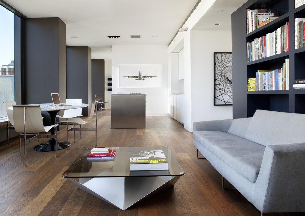 Example of a minimalist living room design in San Francisco with white walls