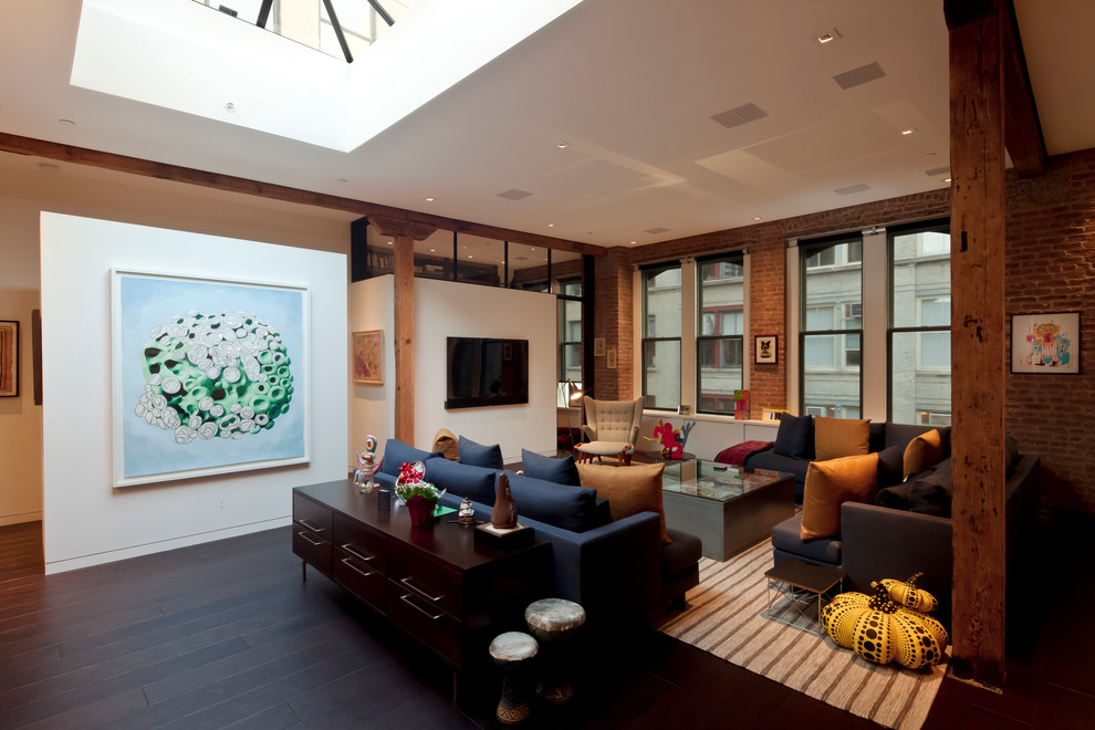 Design ideas for a large urban open plan living room in New York with white walls, dark hardwood flooring, no fireplace and a wall mounted tv.