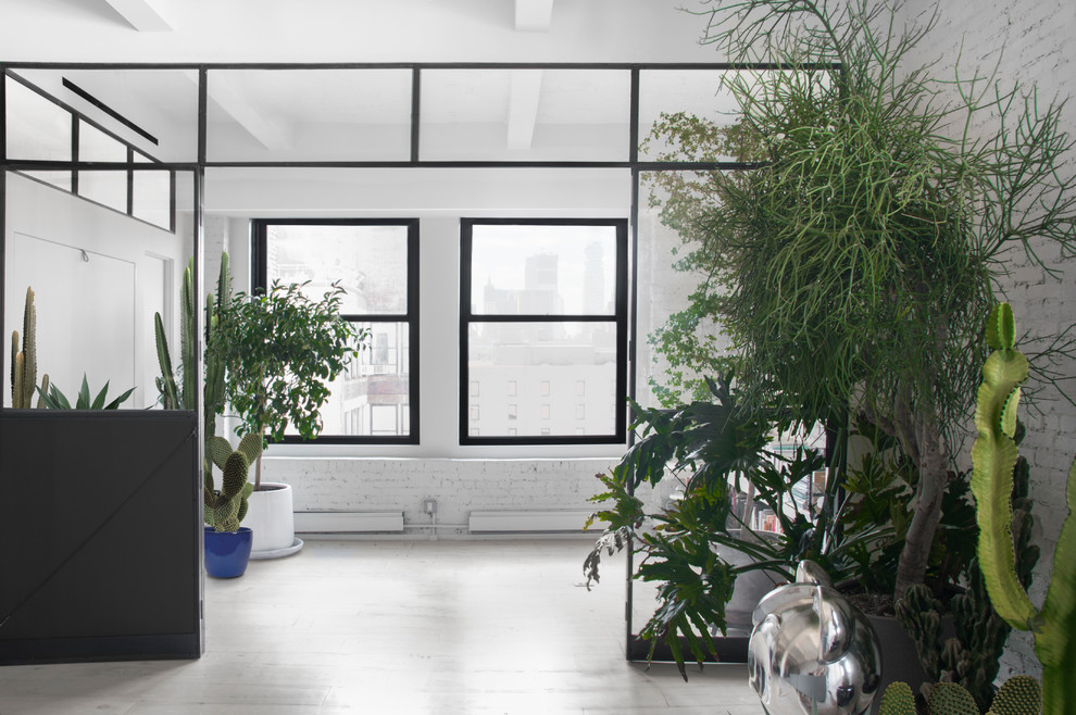 Mittelgroßes, Repräsentatives Modernes Wohnzimmer im Loft-Stil mit weißer Wandfarbe, gebeiztem Holzboden und weißem Boden in New York