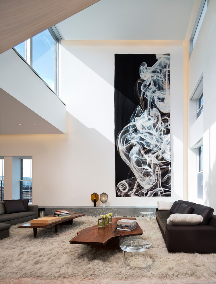 Repräsentatives, Offenes Modernes Wohnzimmer mit weißer Wandfarbe in New York