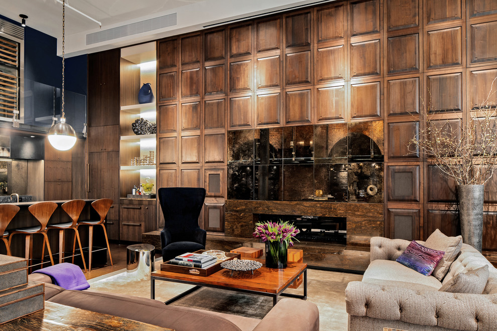 Inspiration for a modern open plan living room in New York with brown walls.