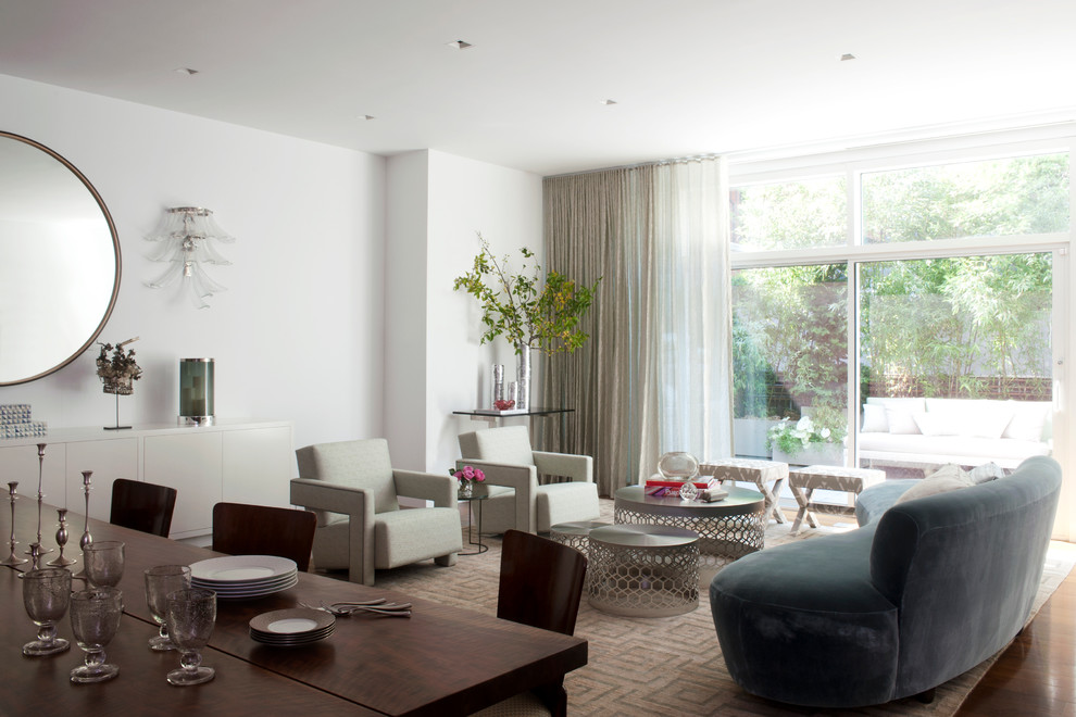Contemporary living room in New York with white walls.