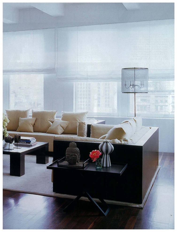 Modelo de salón minimalista con paredes blancas