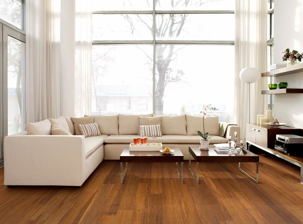 Esempio di un soggiorno minimal di medie dimensioni e chiuso con pavimento in bambù e pareti bianche