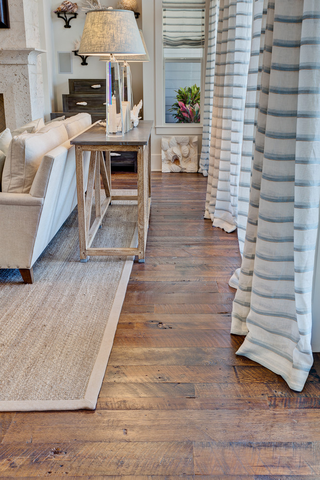 Solid Reclaimed Pine Floor Beach Style Living Room
