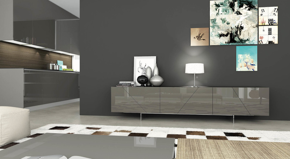 Cette image montre un grand salon minimaliste fermé avec un mur gris.