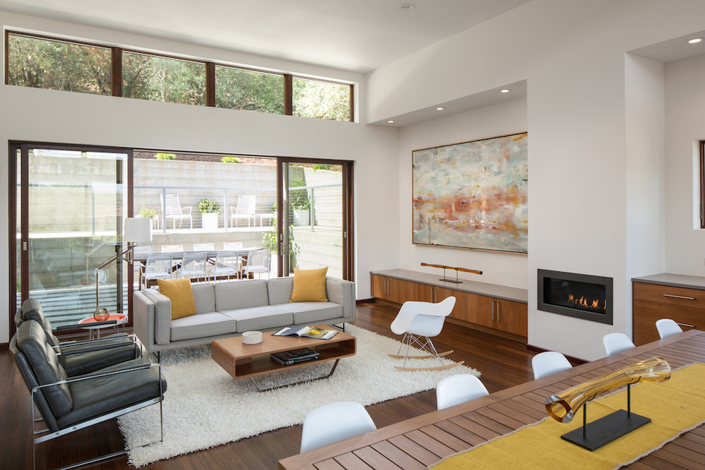 Imagen de salón abierto minimalista grande con paredes blancas, suelo de madera en tonos medios, chimenea lineal y marco de chimenea de yeso