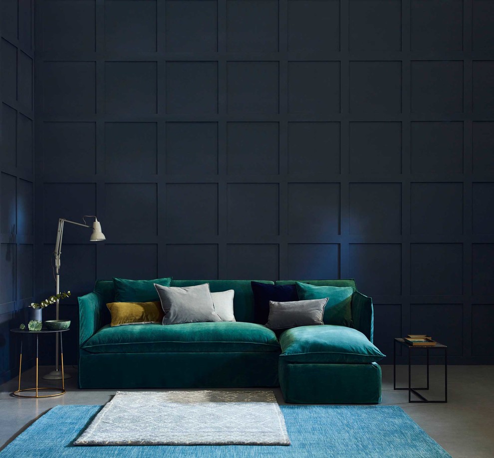 Foto di un soggiorno minimal di medie dimensioni e aperto con pareti blu, moquette, nessun camino e pavimento grigio