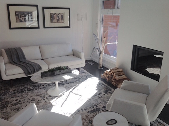 Mittelgroßes, Repräsentatives, Fernseherloses, Offenes Modernes Wohnzimmer mit weißer Wandfarbe, dunklem Holzboden, Kamin, verputzter Kaminumrandung und schwarzem Boden in Toronto