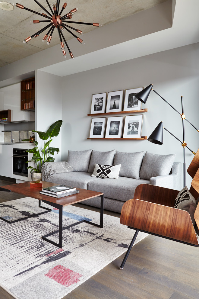 Foto di un soggiorno minimal con pareti bianche, parquet scuro e pavimento marrone