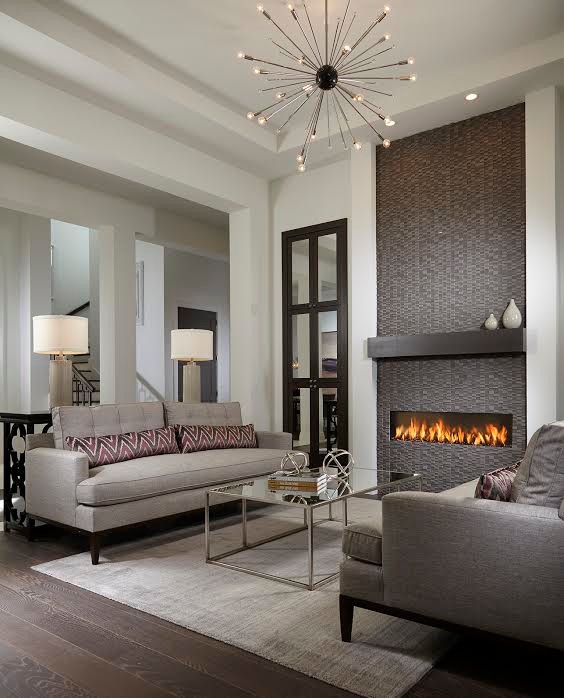 Example of a large minimalist formal and enclosed dark wood floor living room design in Miami with white walls, a ribbon fireplace and a tile fireplace