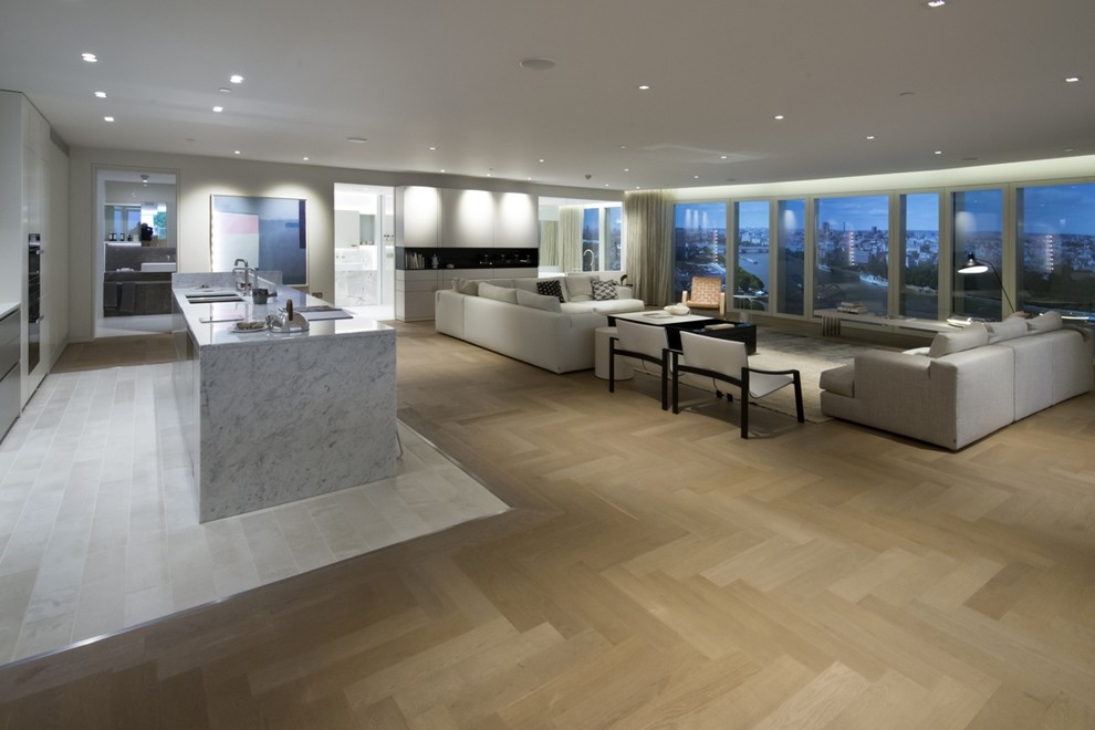 Inspiration for a large contemporary living room in London with light hardwood flooring.