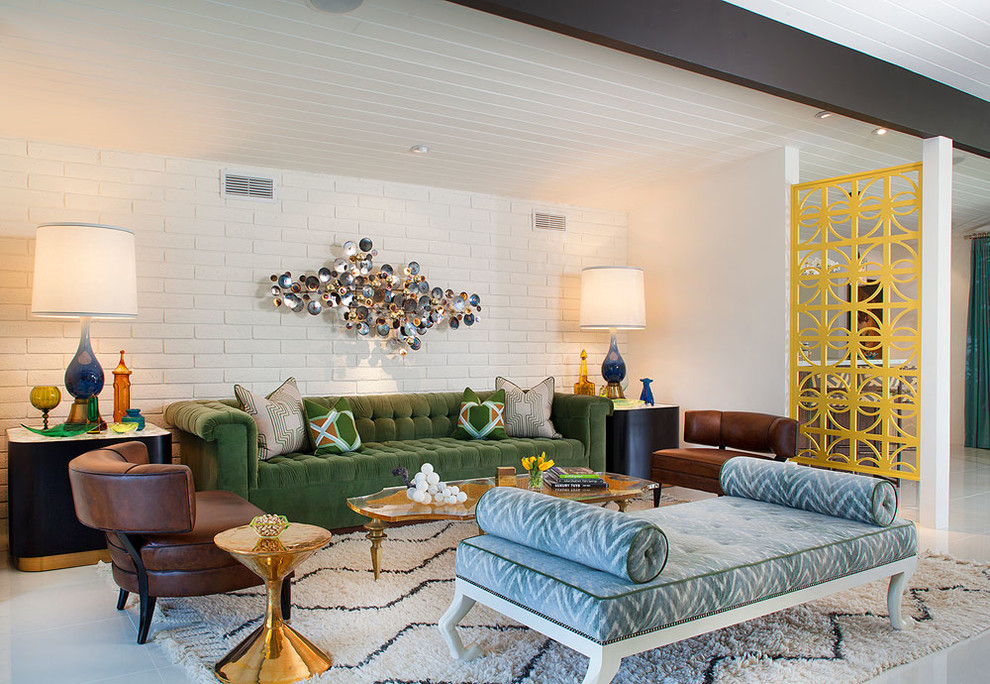 Living room - mid-century modern living room idea in Los Angeles with white walls