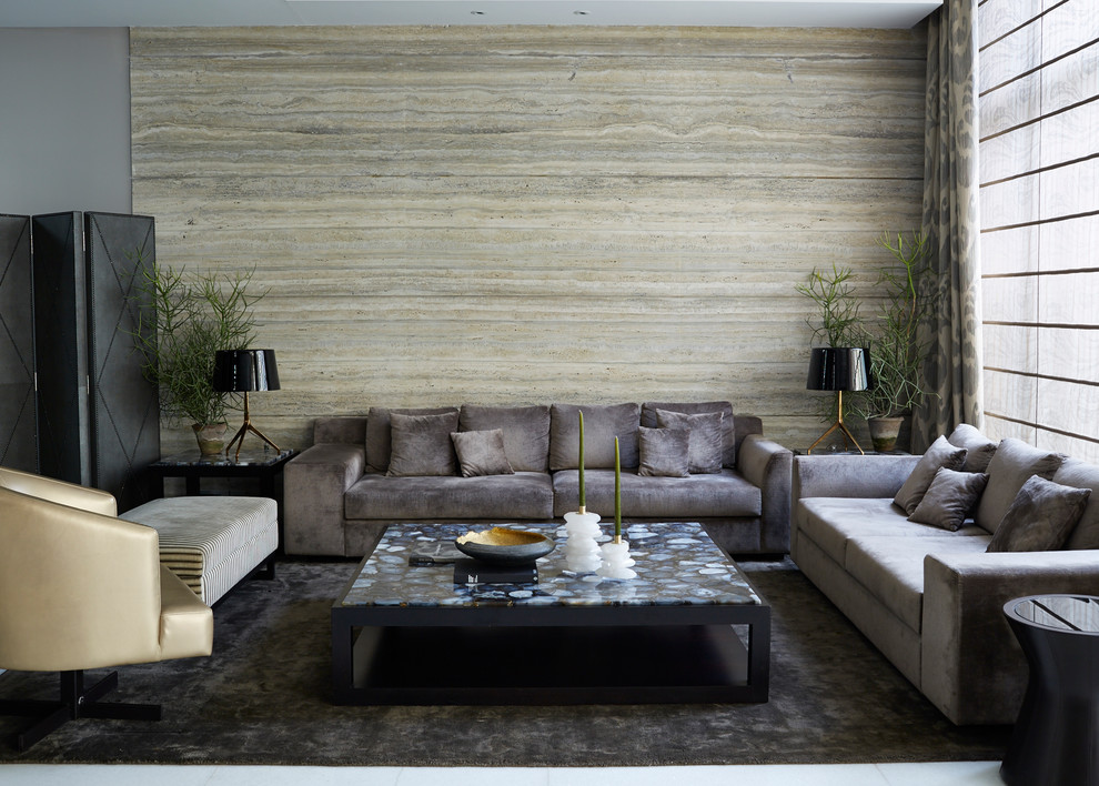 Inspiration for a contemporary living room in Delhi with grey walls.