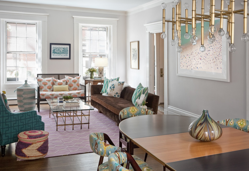 Medium sized eclectic formal open plan living room in Boston with grey walls, dark hardwood flooring and brown floors.