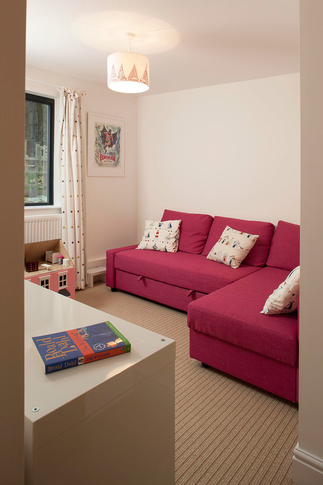 Inspiration för små moderna separata vardagsrum, med ett bibliotek, vita väggar, heltäckningsmatta och en fristående TV