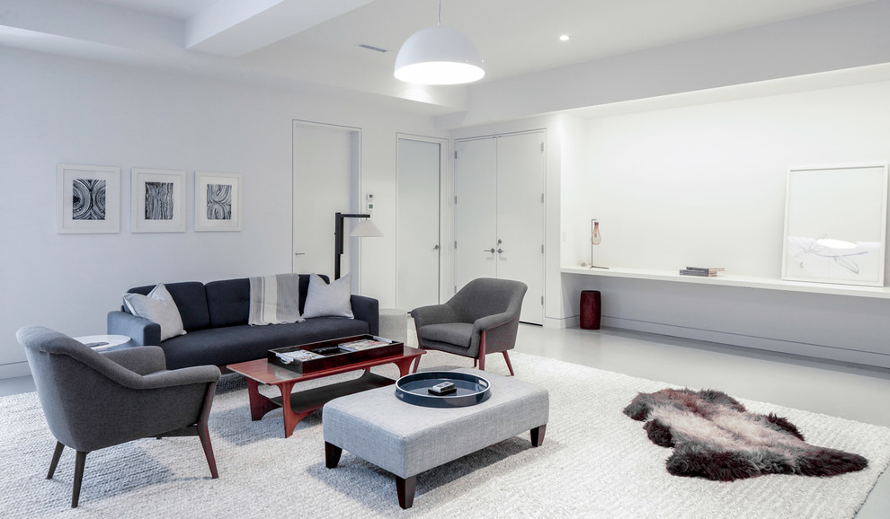 Mittelgroßes, Repräsentatives Modernes Wohnzimmer ohne Kamin, im Loft-Stil mit beiger Wandfarbe, Teppichboden, TV-Wand und grauem Boden in New York