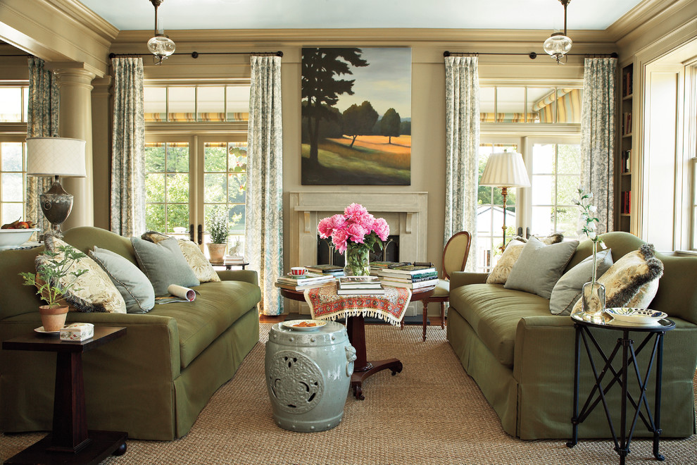 Mid-sized french country formal living room photo in Atlanta with beige walls, a standard fireplace and a stone fireplace