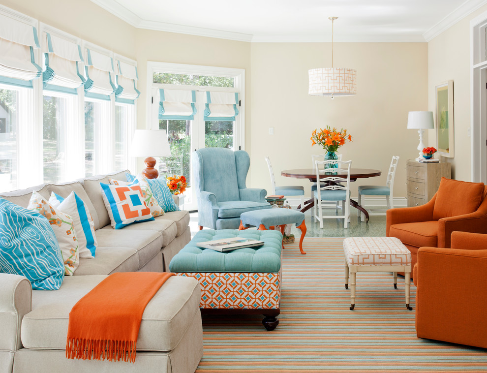 Inspiration for a mid-sized transitional open concept living room remodel in Little Rock with beige walls