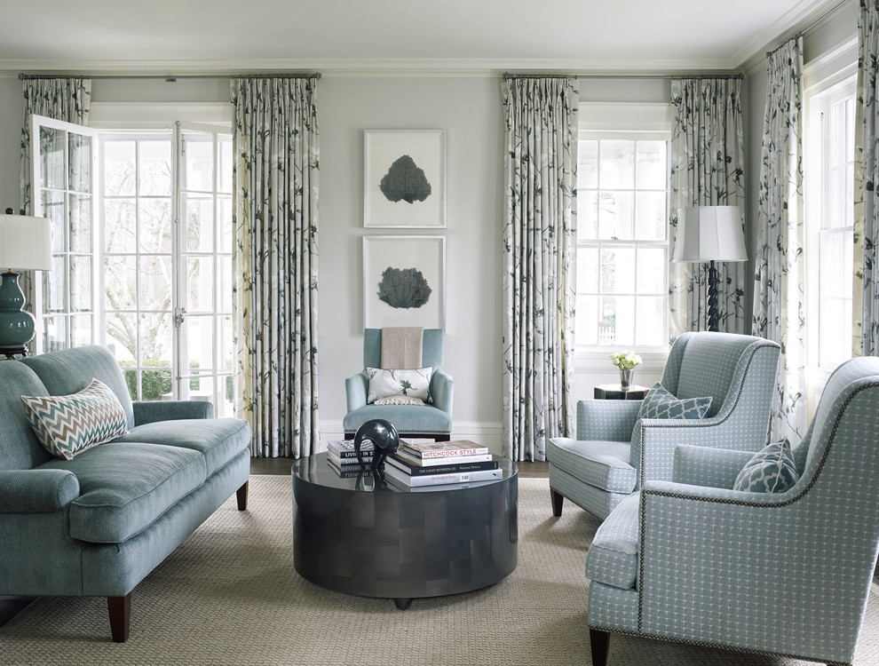 Photo of a classic formal living room in Other with grey walls.