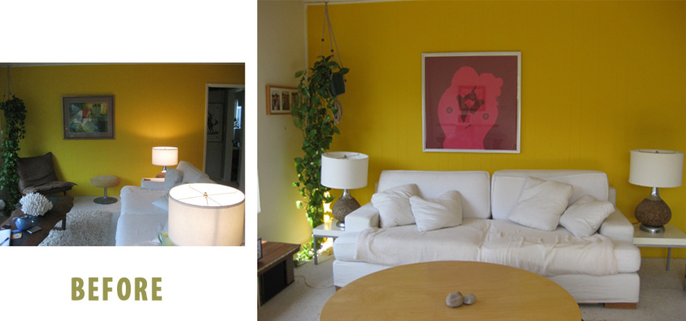 Ispirazione per un piccolo soggiorno boho chic aperto con pareti gialle