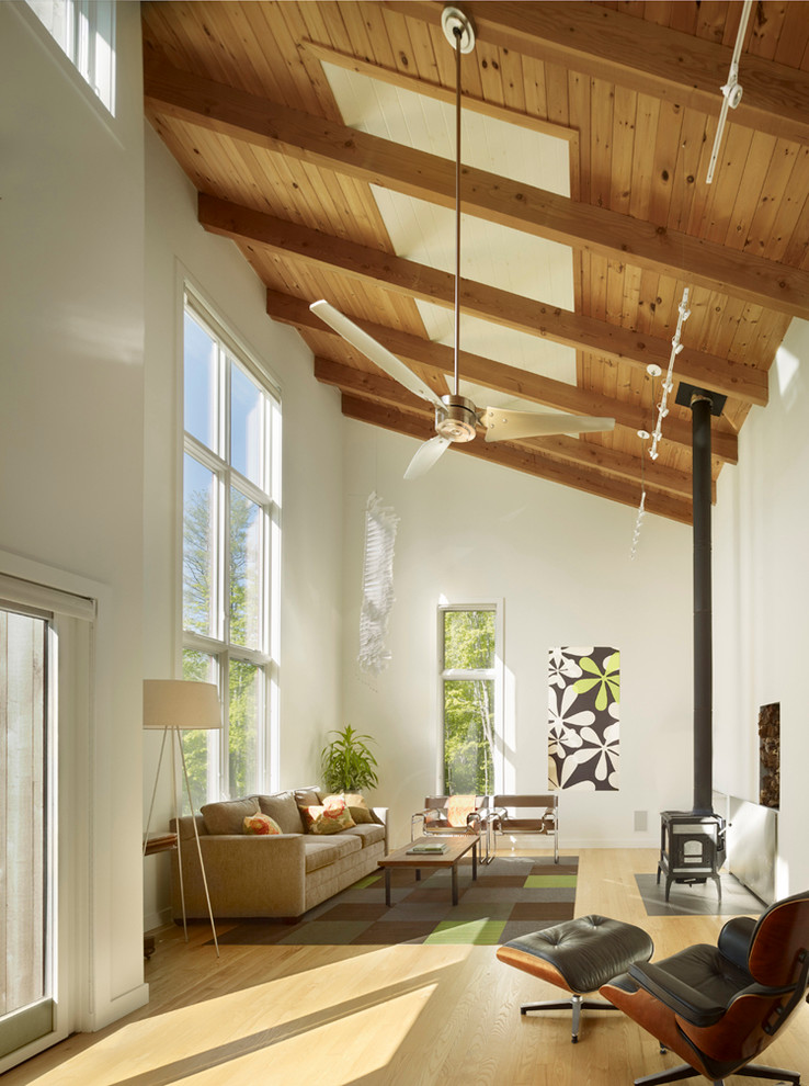 Living room - contemporary light wood floor living room idea in Philadelphia with white walls
