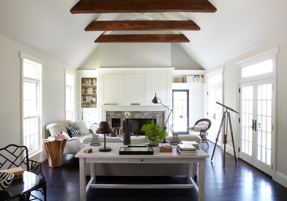 Inspiration for a transitional living room remodel in Boston with white walls and a stone fireplace