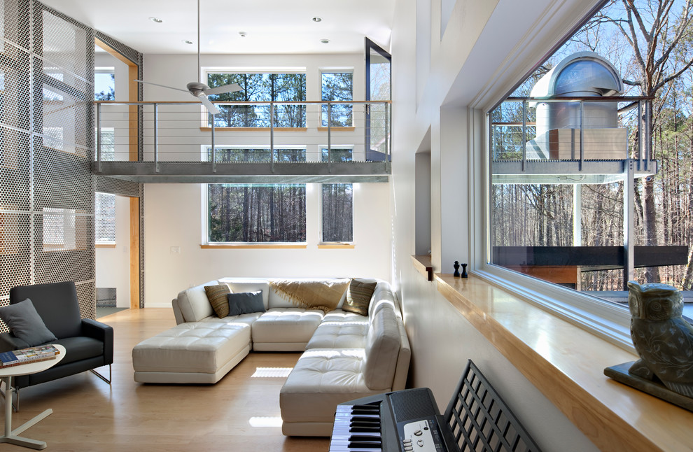 Repräsentatives, Mittelgroßes Modernes Wohnzimmer ohne Kamin mit weißer Wandfarbe, hellem Holzboden und beigem Boden in Raleigh