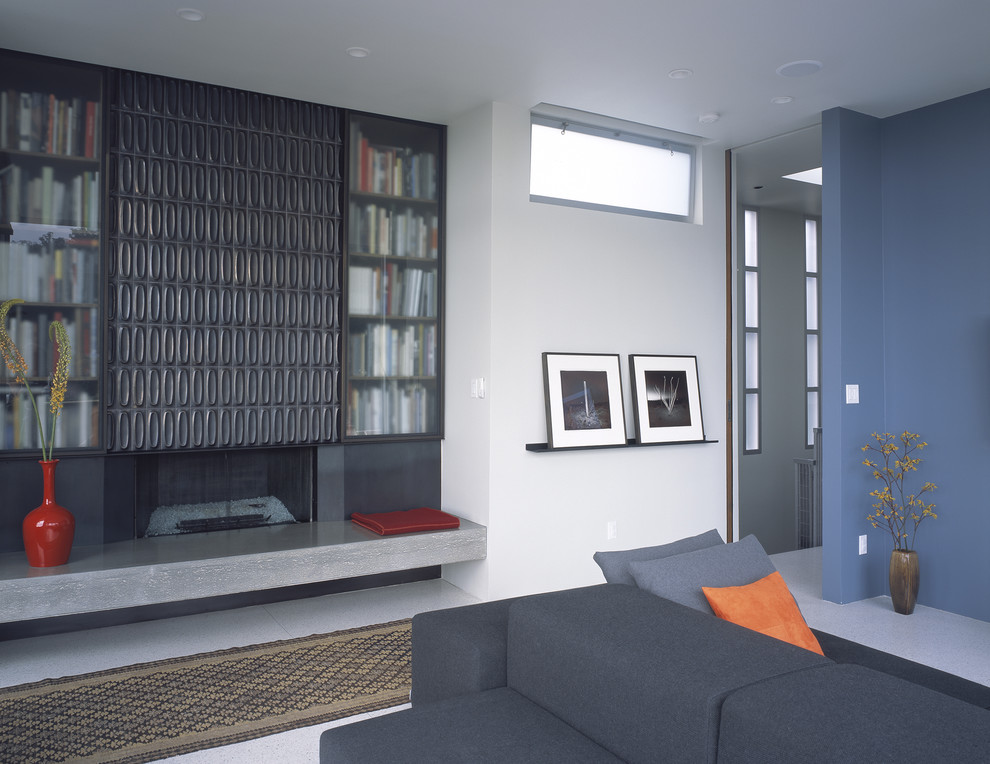 Идея дизайна: гостиная комната в стиле модернизм с фасадом камина из плитки и акцентной стеной