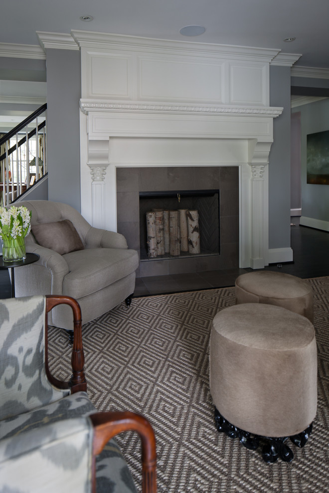 Inspiration for a mid-sized contemporary enclosed dark wood floor living room remodel in DC Metro with a music area, gray walls, a standard fireplace, a tile fireplace and no tv