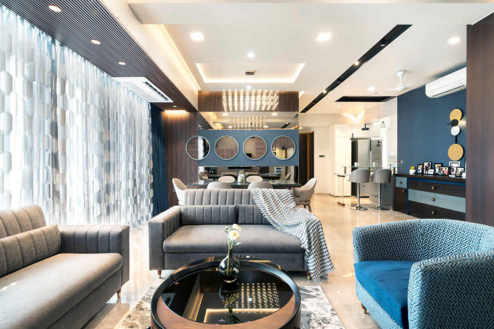 Foto di un grande soggiorno minimal aperto con pareti multicolore e pavimento beige