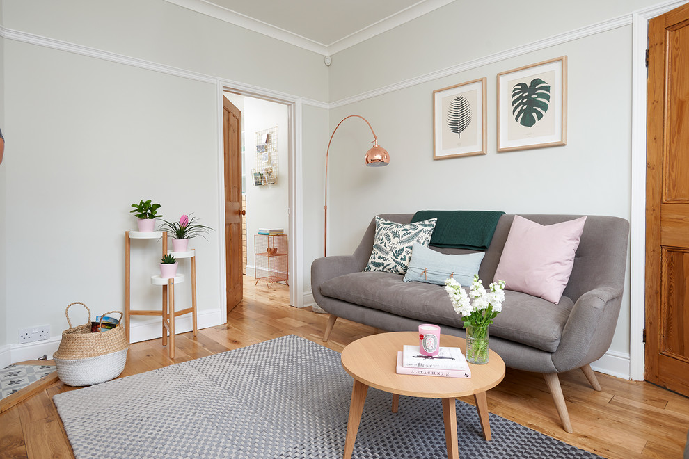 Ispirazione per un piccolo soggiorno scandinavo chiuso con pareti grigie, parquet chiaro e pavimento marrone
