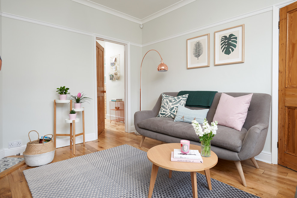 Inspiration for a small scandinavian enclosed light wood floor and brown floor living room remodel in Hertfordshire with gray walls