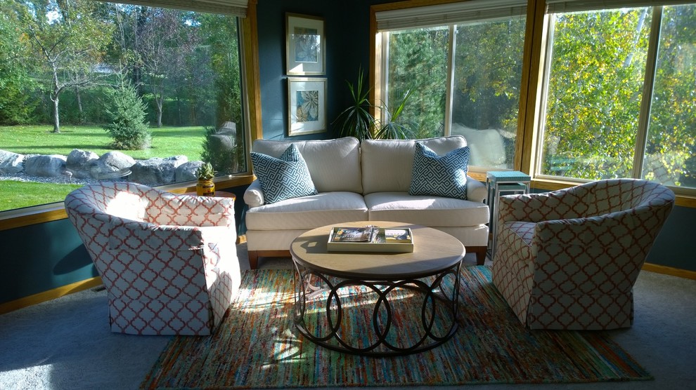Design ideas for a medium sized nautical enclosed living room in Minneapolis with blue walls, carpet and grey floors.