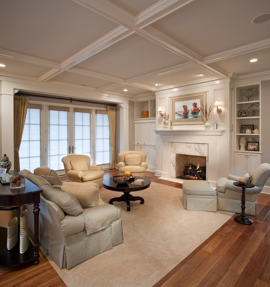 Living room - coastal formal and open concept medium tone wood floor living room idea in Grand Rapids with white walls, a standard fireplace and a tile fireplace