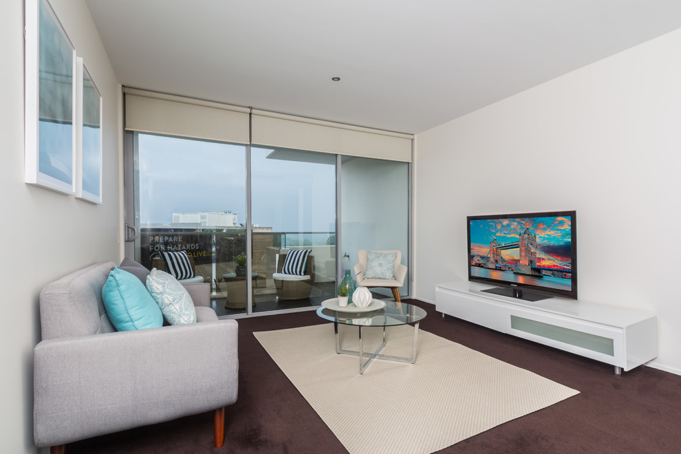 シドニーにある低価格の小さなコンテンポラリースタイルのおしゃれなリビング (白い壁、カーペット敷き、据え置き型テレビ、暖炉なし、紫の床) の写真