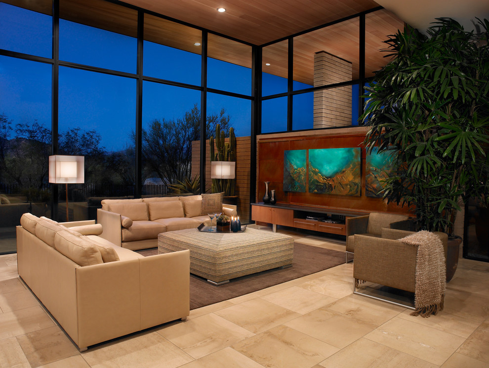 Пример оригинального дизайна: большая гостиная комната в современном стиле без камина, телевизора