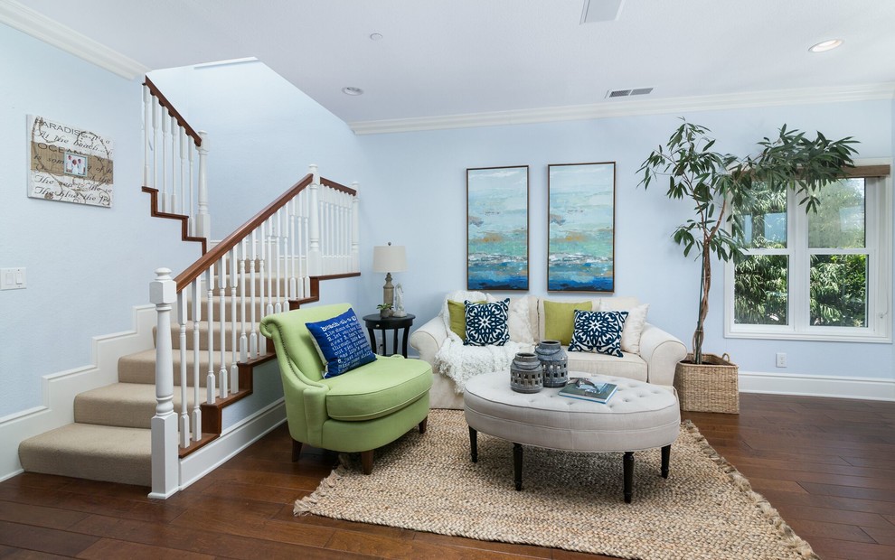 Photo of a small beach style formal open plan living room in Orange County with white walls.