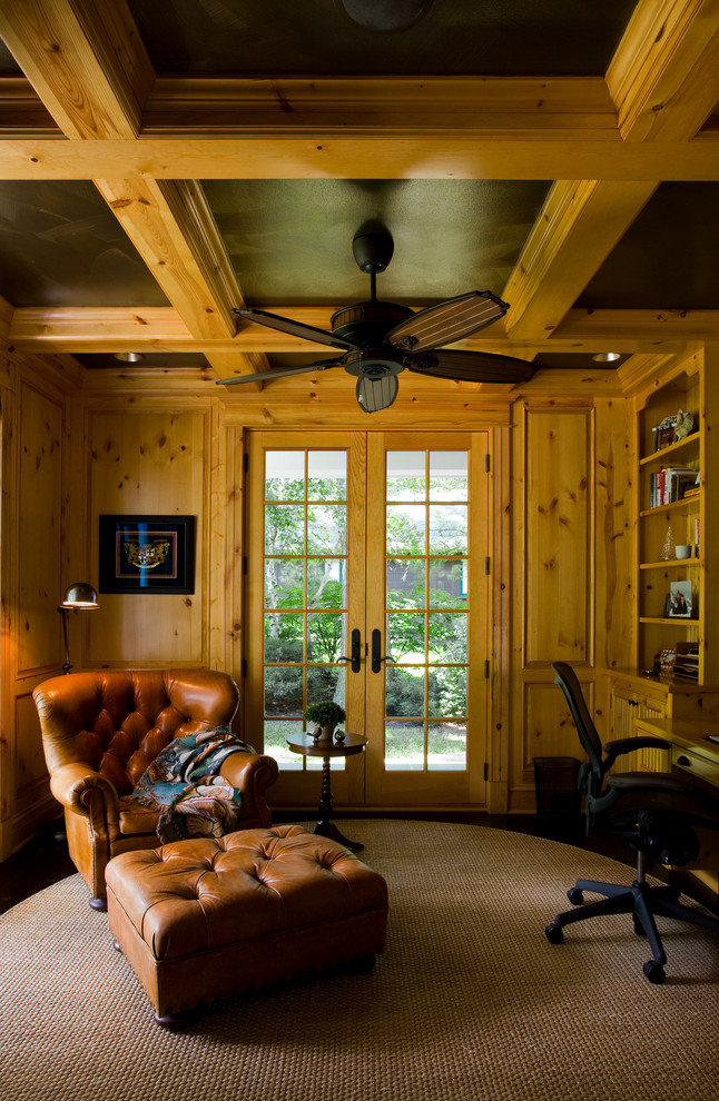 Stained Knotty Pine Library with Coffer Ceiling and Built In