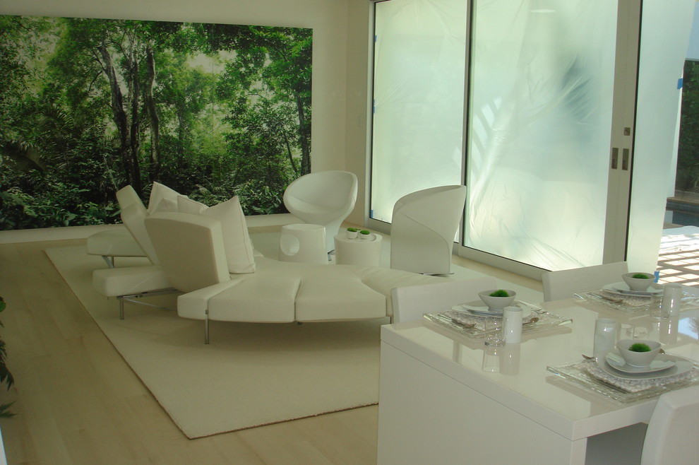 Esempio di un piccolo soggiorno contemporaneo aperto con sala formale, pareti bianche, parquet chiaro e nessun camino